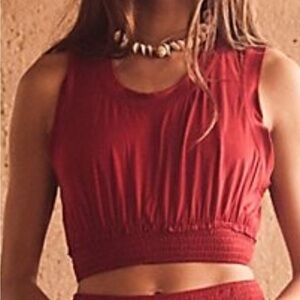 Free People FP Beach Morningside Burgundy Smocked Waist Tank Top L Crop